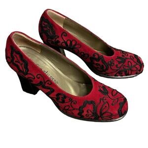 YSL Yves Saint Laurent Red Embroidery Black Suede Pump Heels Size 6
